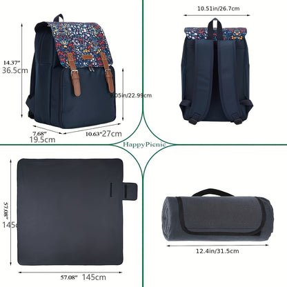 Insulated Picnic Backpack Set for 4 with Blanket