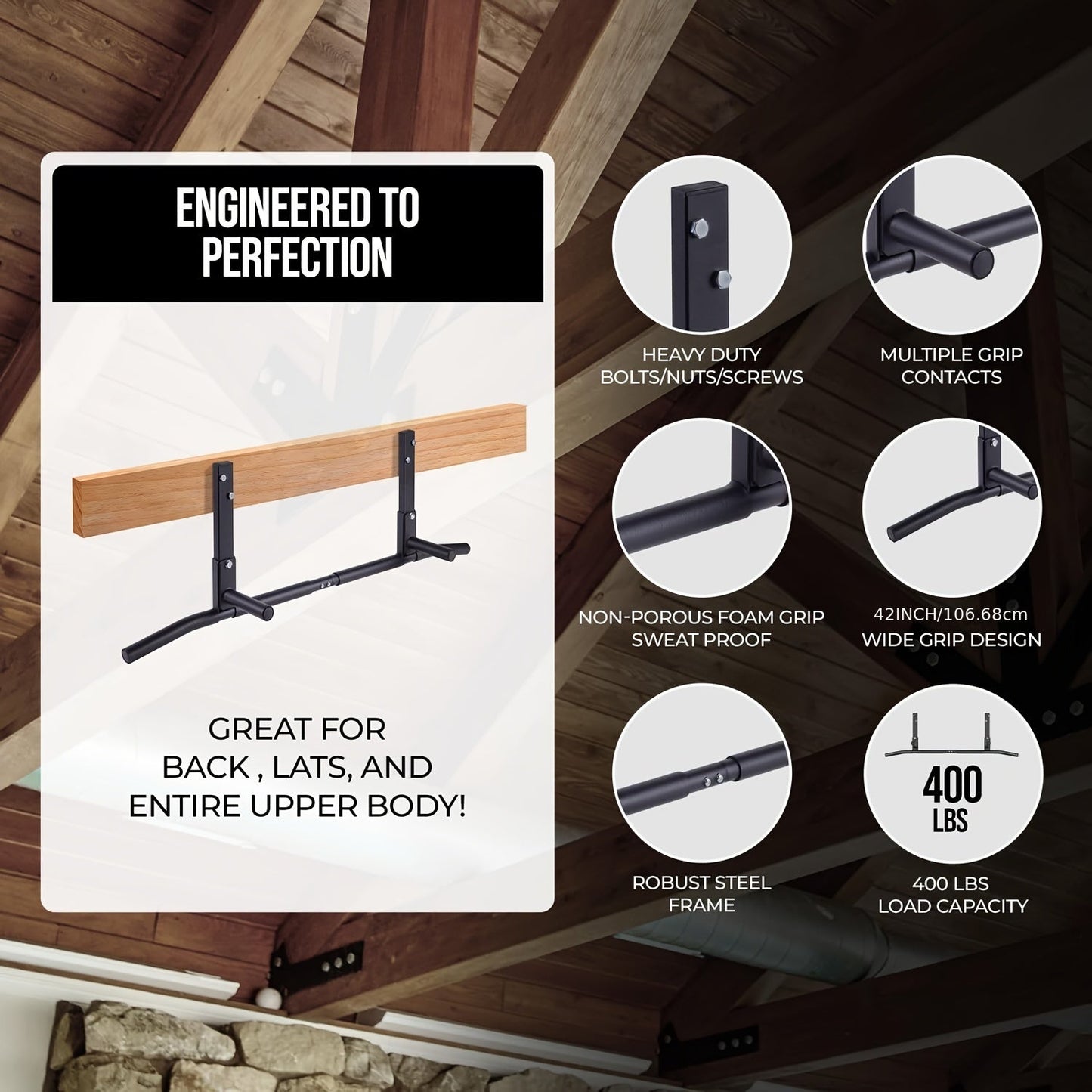 Wall-Mounted Stainless Steel Pull-Up Bar Black