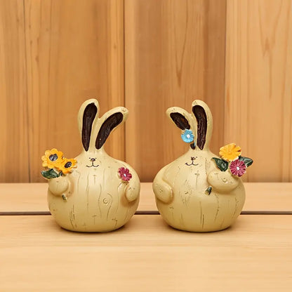 Easter Resin Decorations - Charming Rabbit Lovers Picking Flowers (Set of 2)