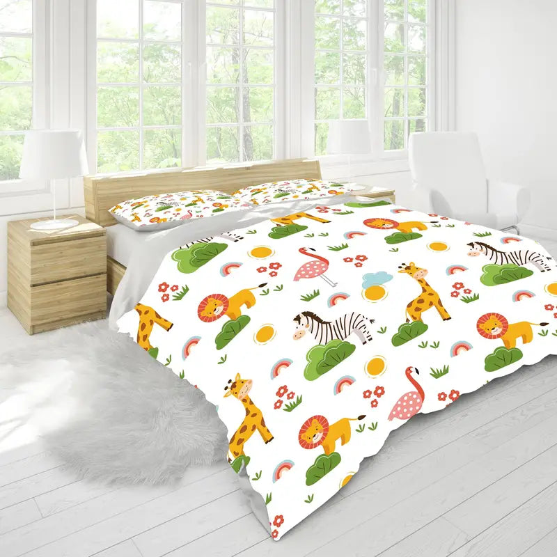 Cartoon Animal Microfiber Duvet Cover Set - Lion, Flamingo, Deer, Zebra Print (3pcs)
