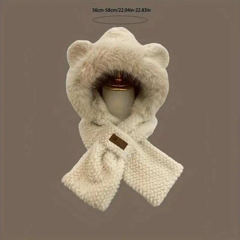 Winter White Cartoon Knitted Hat Scarf with Ear Warmer Toggle Closure