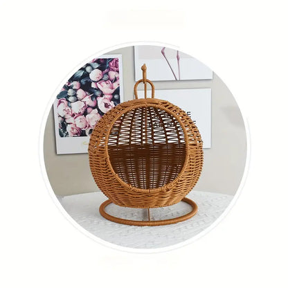 Imitation Rattan Cat Cage - Hanging Cat Nest with Semi-Enclosed Design
