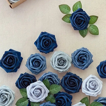 25-Piece Soft-Touch Foam Artificial Rose Flowers - Five Shades of Blue