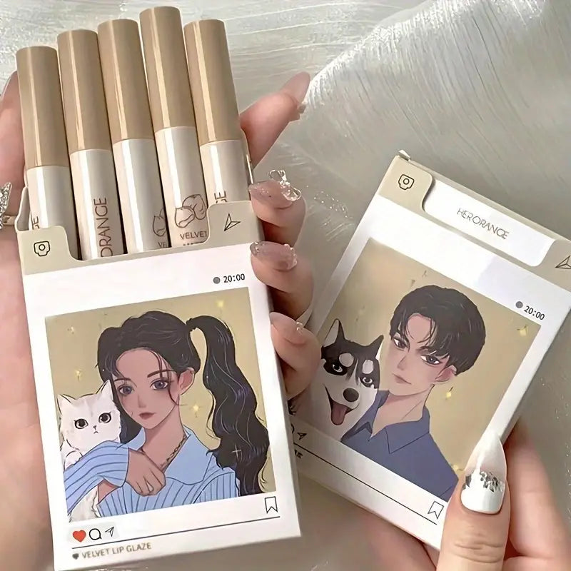 5-Piece Anime Matte Velvet Lip Glaze Set  Long-Lasting, Waterproof Light Mist Finish