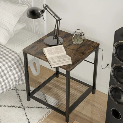 2-Tier End Table Nightstand with Storage Shelf - Rustic Brown+Black