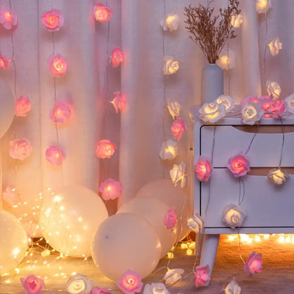 LED Foam Rose Flower String Lights - Touch-Controlled Small Lantern (Pink & White)