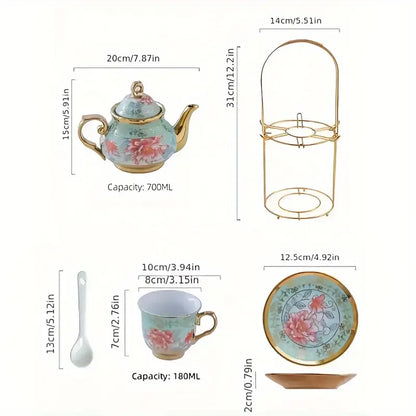 Green Elegance in Bloom: 20-Piece Ceramic Tea and Coffee Set with Iron Rack