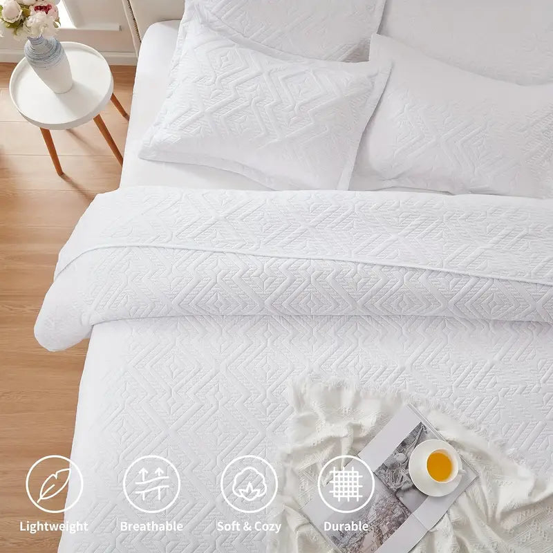 White Microfiber 3-Piece 150GSM Bedspread Set - Queen Size