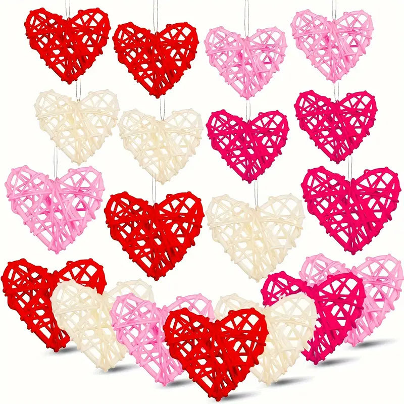 Valentine's Day Vine Heart Craft Set - 15pcs Heart-Shaped Willow Vase Fillers in White, Pink, and Red