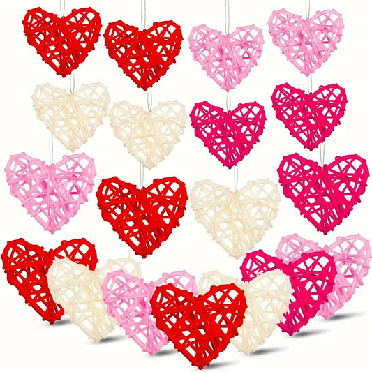 Valentine's Day Vine Heart Craft Set - 15pcs Heart-Shaped Willow Vase Fillers in White, Pink, and Red