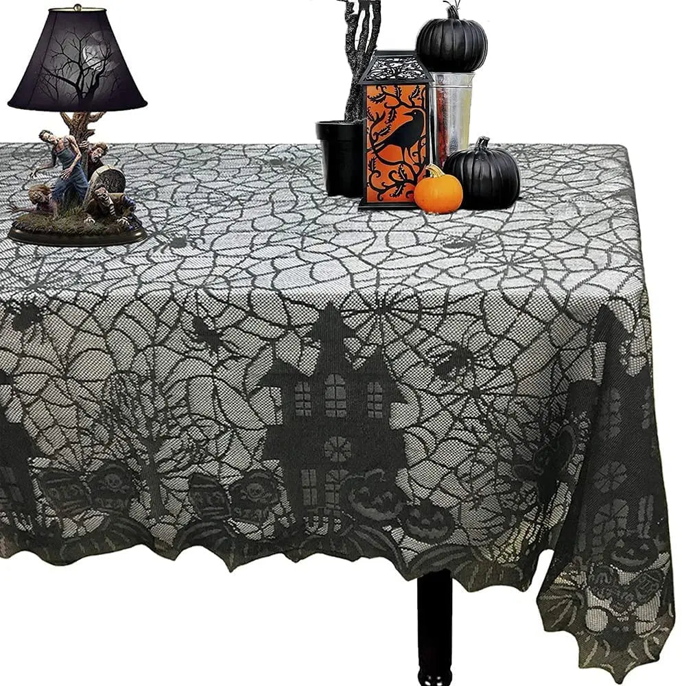 Halloween Lace Tablecloth – Rectangular Haunted House & Pumpkin Design