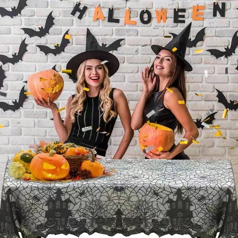 Halloween Lace Tablecloth – Rectangular Haunted House & Pumpkin Design