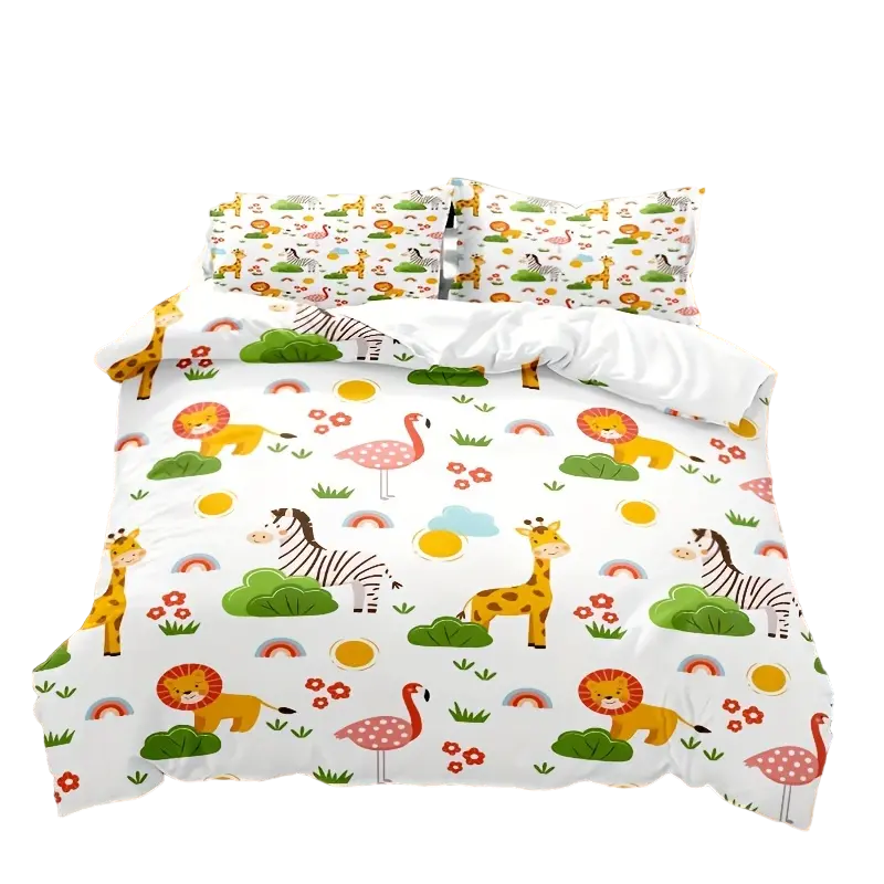 Cartoon Animal Microfiber Duvet Cover Set - Lion, Flamingo, Deer, Zebra Print (3pcs)