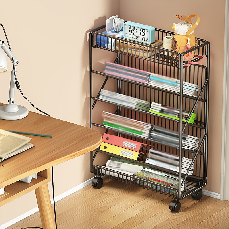 Office Bookshelf with Wheels and Storage Basket