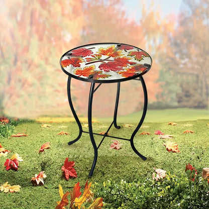 Outdoor Mosaic Side Table with Printed Maple Leaf Glass Top
