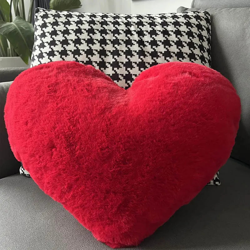 Heart Shaped Faux Bunny Fur Pillow (Red)