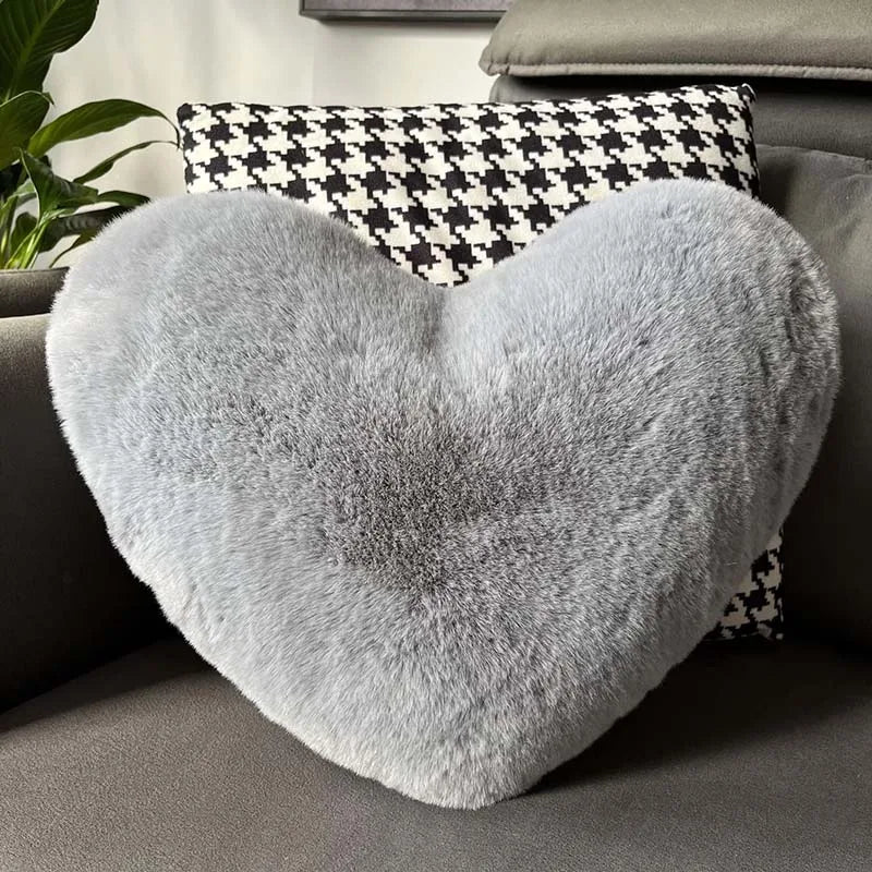 Heart Shaped Faux Bunny Fur Pillow (Dark Grey)
