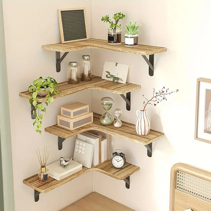 Set of 5 Rustic Wooden Corner Floating Shelves - Wall Mounted Storage Racks