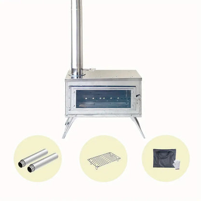 Stainless Steel Firewood Stove with Chimney - Outdoor Portable Camping Heater
