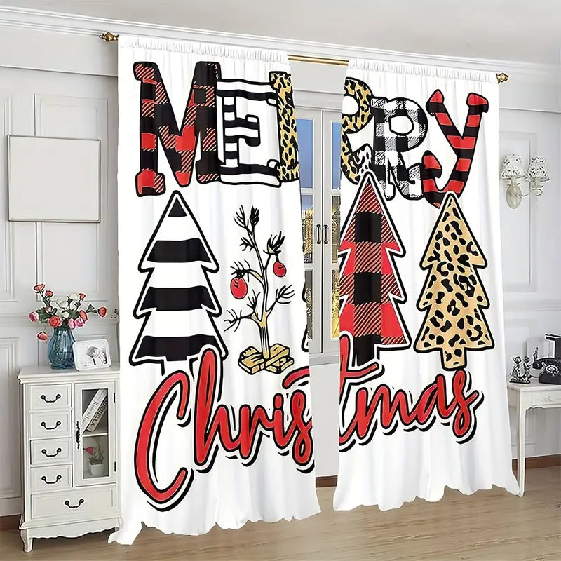 Snowy Serenity: 2PC Christmas Tree Farm Curtain Set with Snowflake Pattern