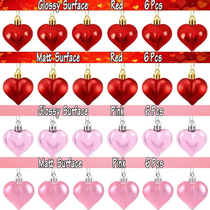 24-Piece Valentine's Day Heart-Shaped Ornament Set - Glossy and Matte Baubles