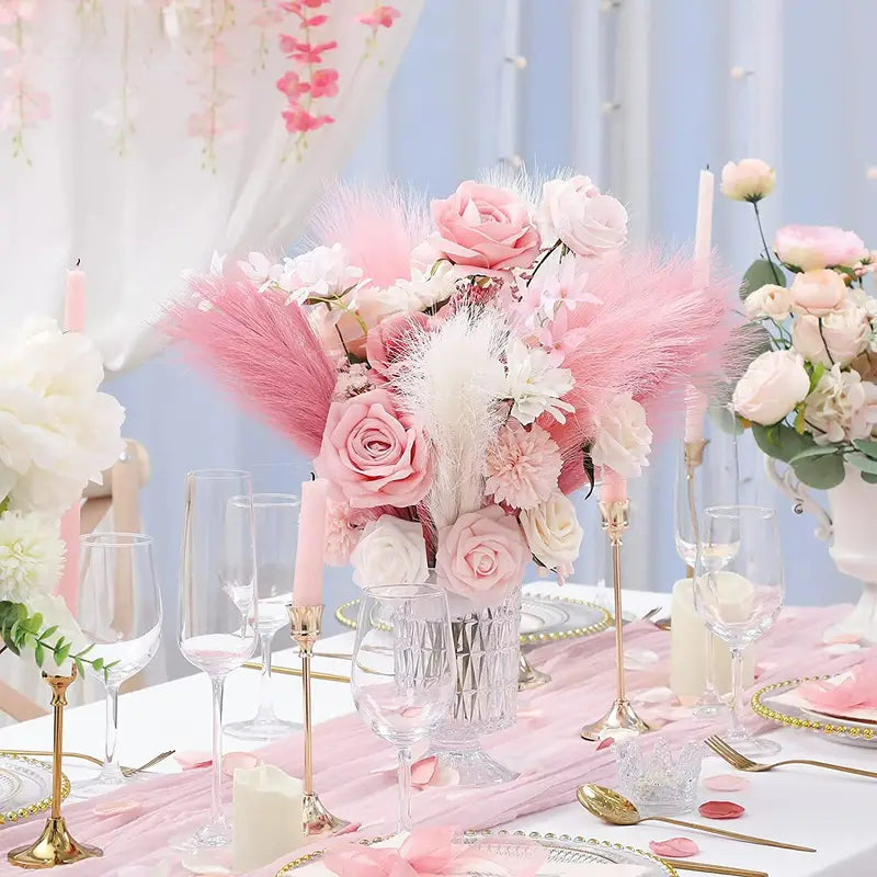 Set of 3 Artificial Pampas Grass Stems (43.18cm) - Blush, Cream & Pink Gradient