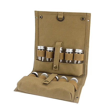 Outdoor Seasoning Bottles Set - Khaki Canvas Bag for Camping & BBQ