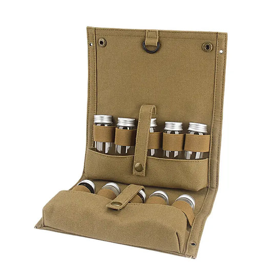 Outdoor Seasoning Bottles Set - Khaki Canvas Bag for Camping & BBQ