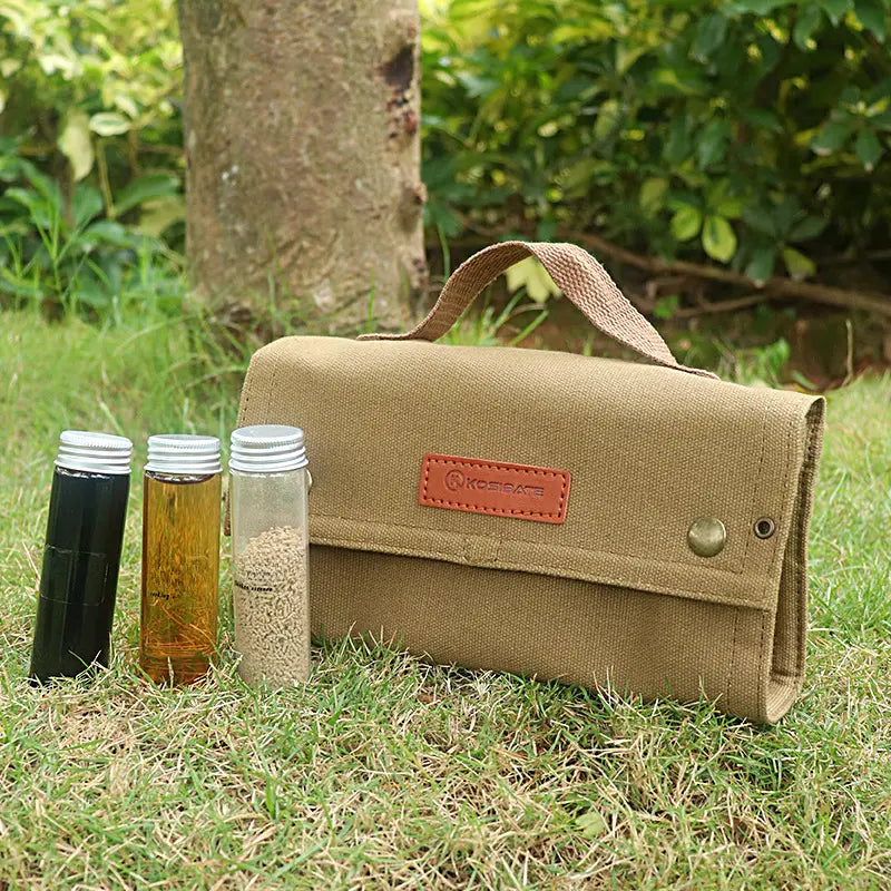 Outdoor Seasoning Bottles Set - Khaki Canvas Bag for Camping & BBQ