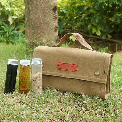 Outdoor Seasoning Bottles Set - Khaki Canvas Bag for Camping & BBQ