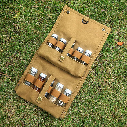 Outdoor Seasoning Bottles Set - Khaki Canvas Bag for Camping & BBQ