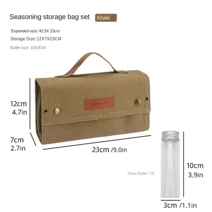 Outdoor Seasoning Bottles Set - Khaki Canvas Bag for Camping & BBQ