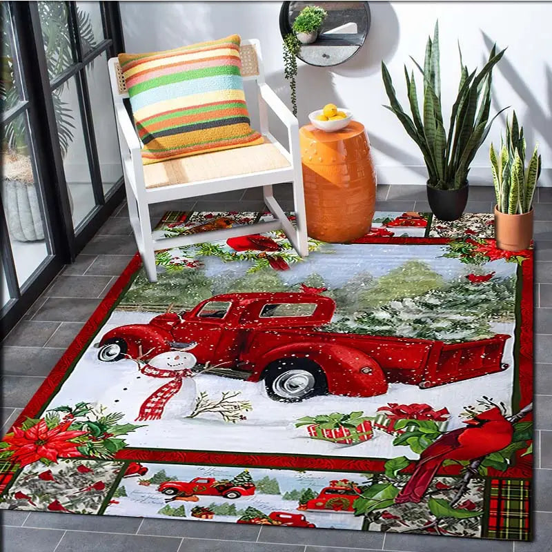 Festive Christmas Red Santa Truck Pattern Floor Mat