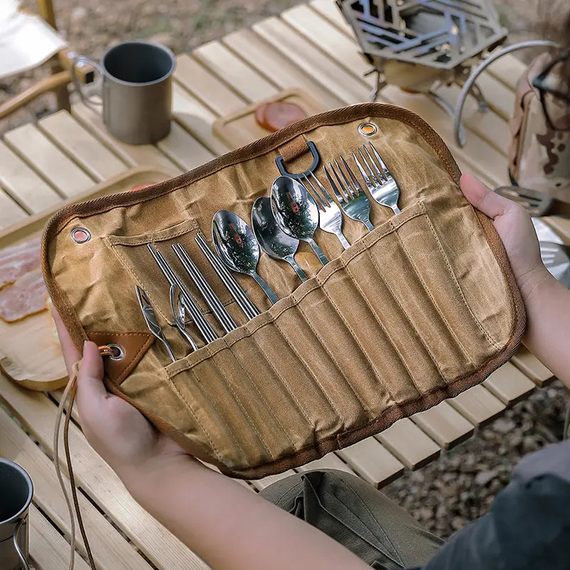 Portable Waxed Canvas Cutlery Bag for Outdoor Dining