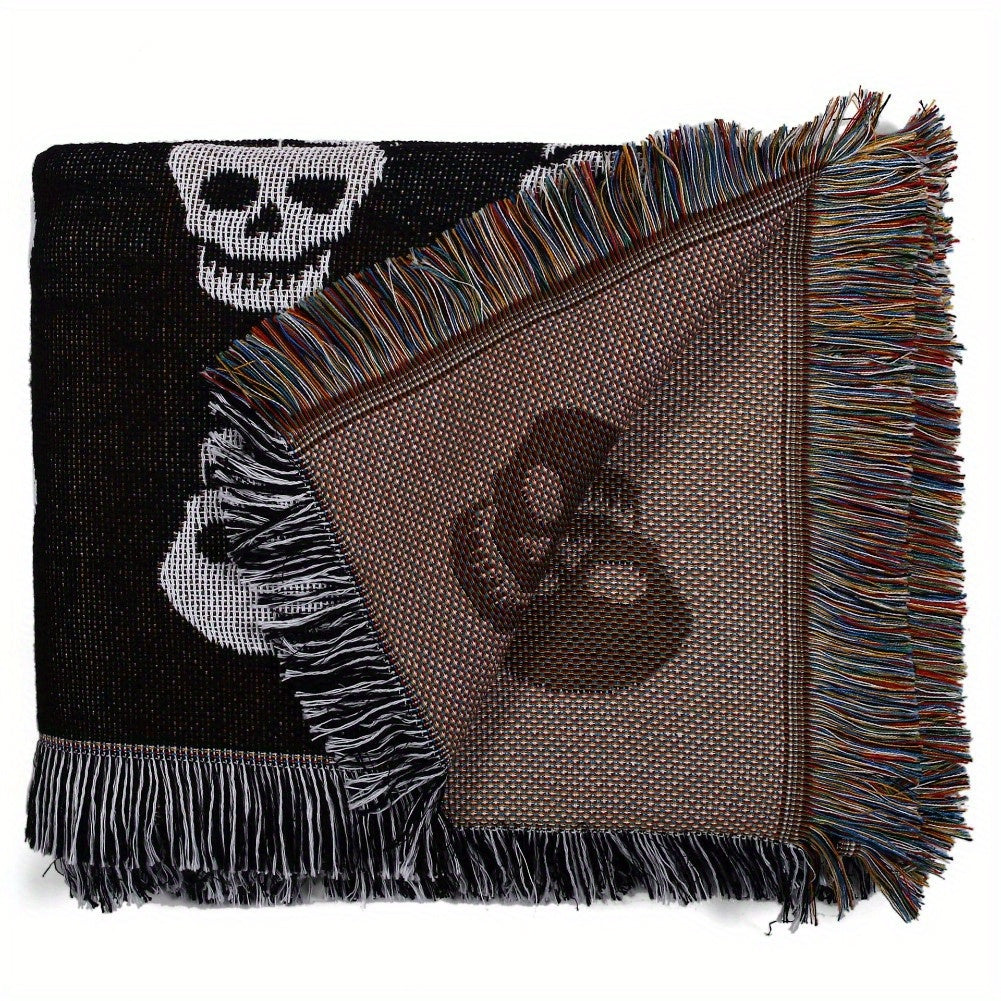 Cozy Bohemian Blanket with White Skull Print & Tassel Trim