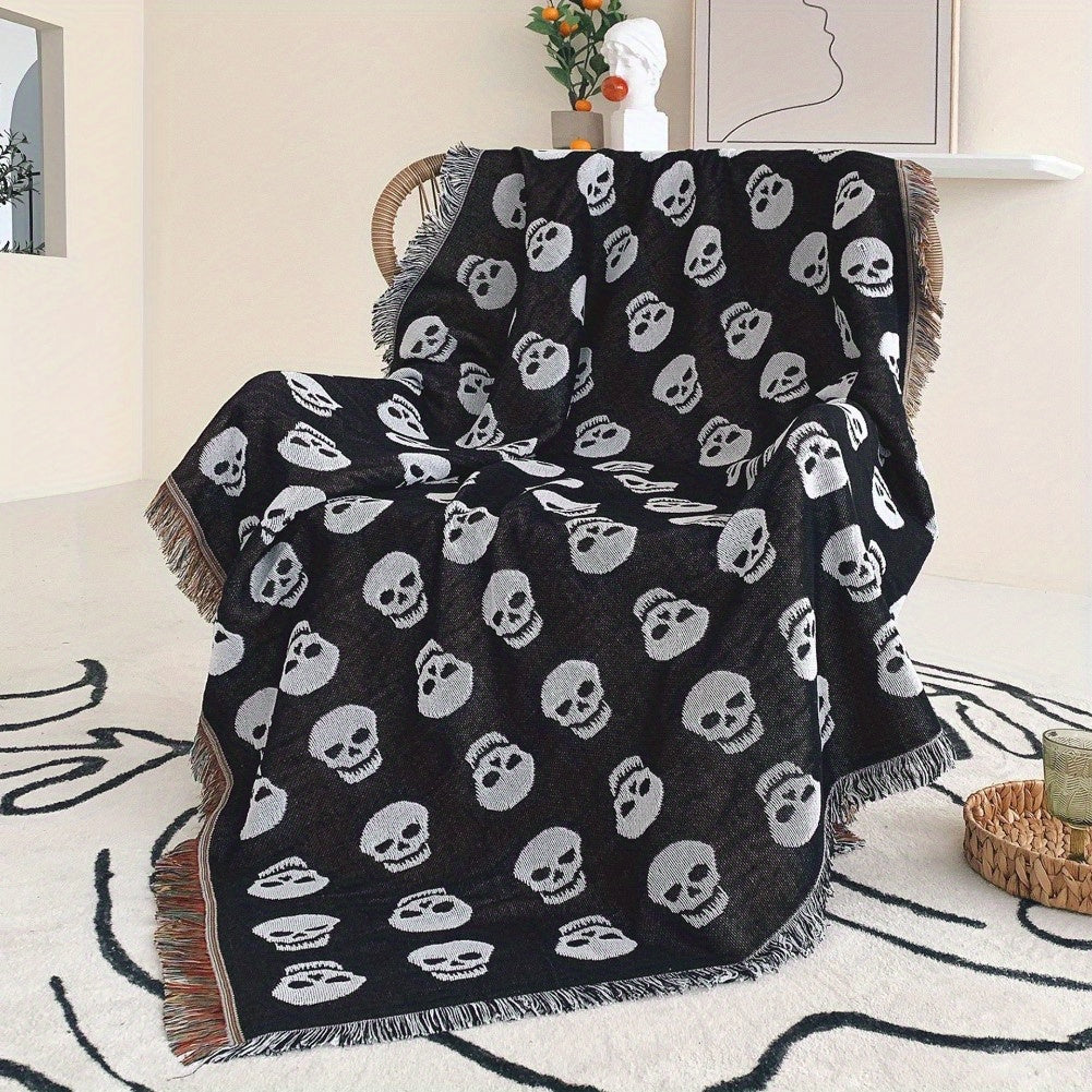 Cozy Bohemian Blanket with White Skull Print & Tassel Trim