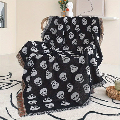 Cozy Bohemian Blanket with White Skull Print & Tassel Trim