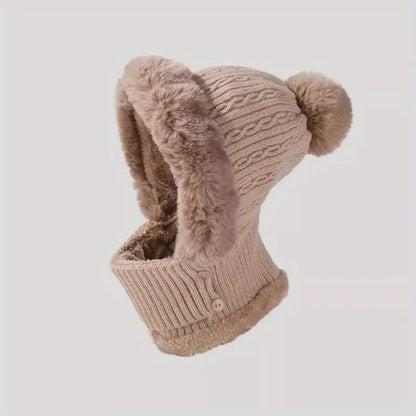 Anime-Inspired Winter Ear Protection Beanie Hat Scarf Combo - Khaki