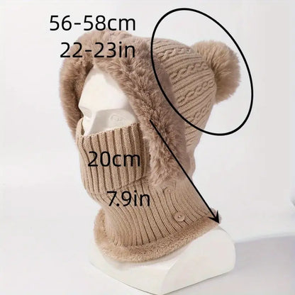 Anime-Inspired Winter Ear Protection Beanie Hat Scarf Combo - Khaki