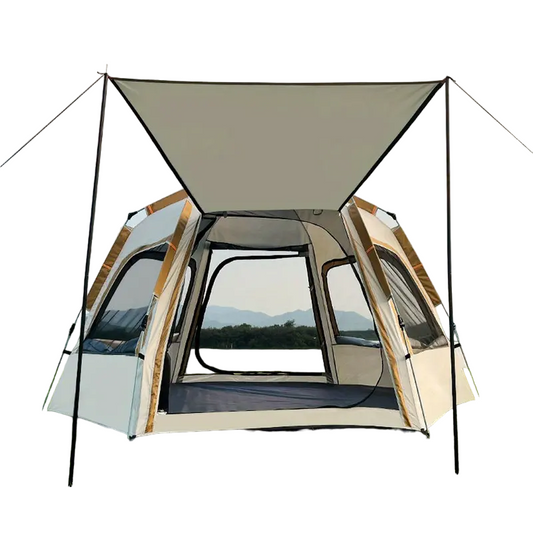 Hexagonal Fiberglass Pole Camping Tent - Silvery Glue Beige, 4-Person Capacity