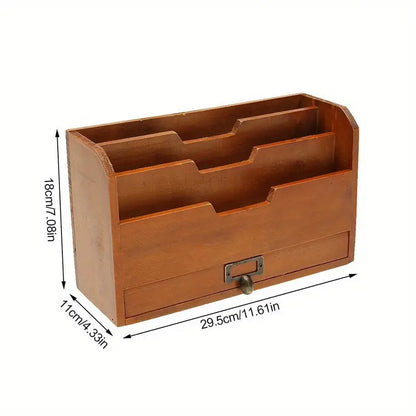 Vintage Wooden Letter Rack - Wall Mounted Office Organizer with Adjustable Grid Storage