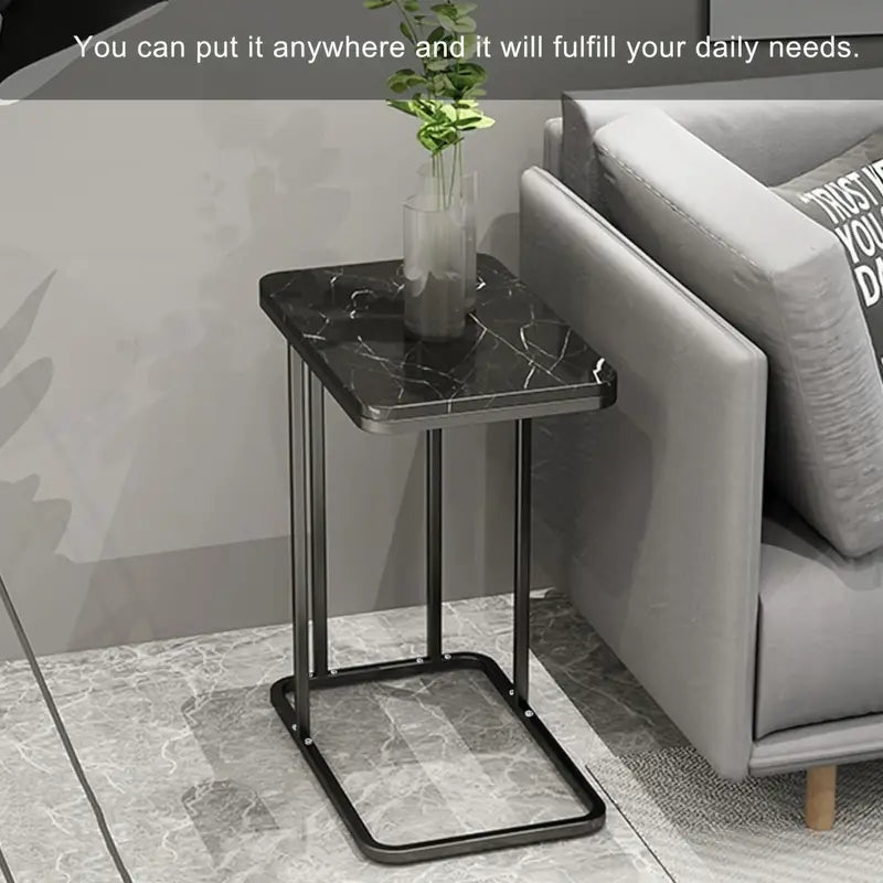 Modern Black Marble Pattern Side Table with Metal Pedestal Base