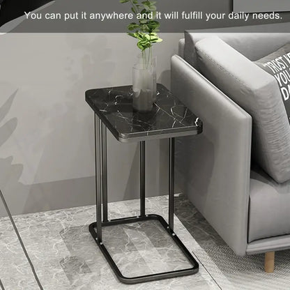 Modern Black Marble Pattern Side Table with Metal Pedestal Base