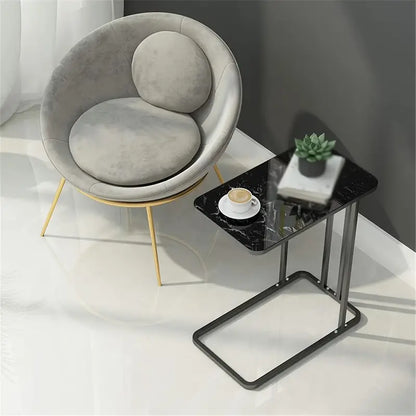Modern Black Marble Pattern Side Table with Metal Pedestal Base