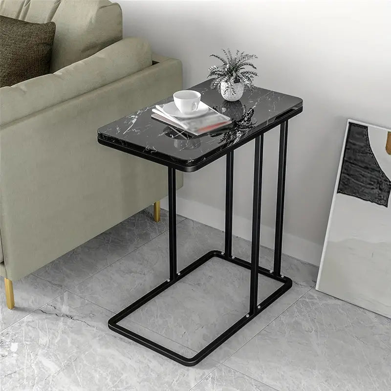 Modern Black Marble Pattern Side Table with Metal Pedestal Base