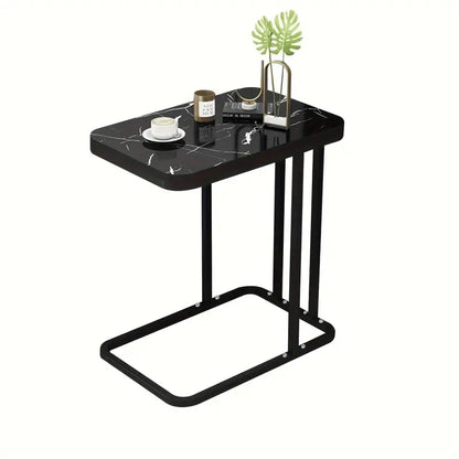 Modern Black Marble Pattern Side Table with Metal Pedestal Base