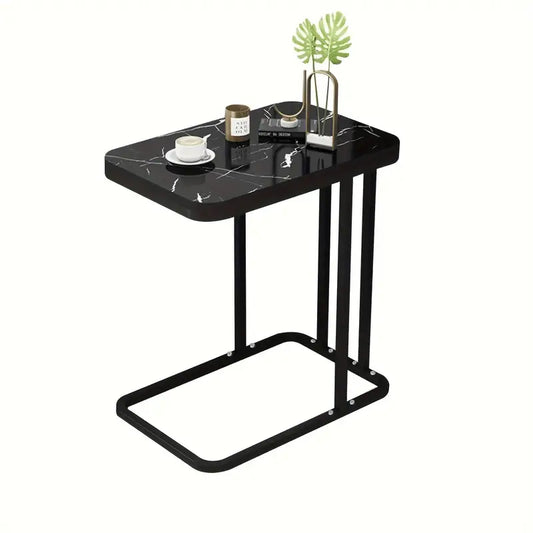 Modern Black Marble Pattern Side Table with Metal Pedestal Base