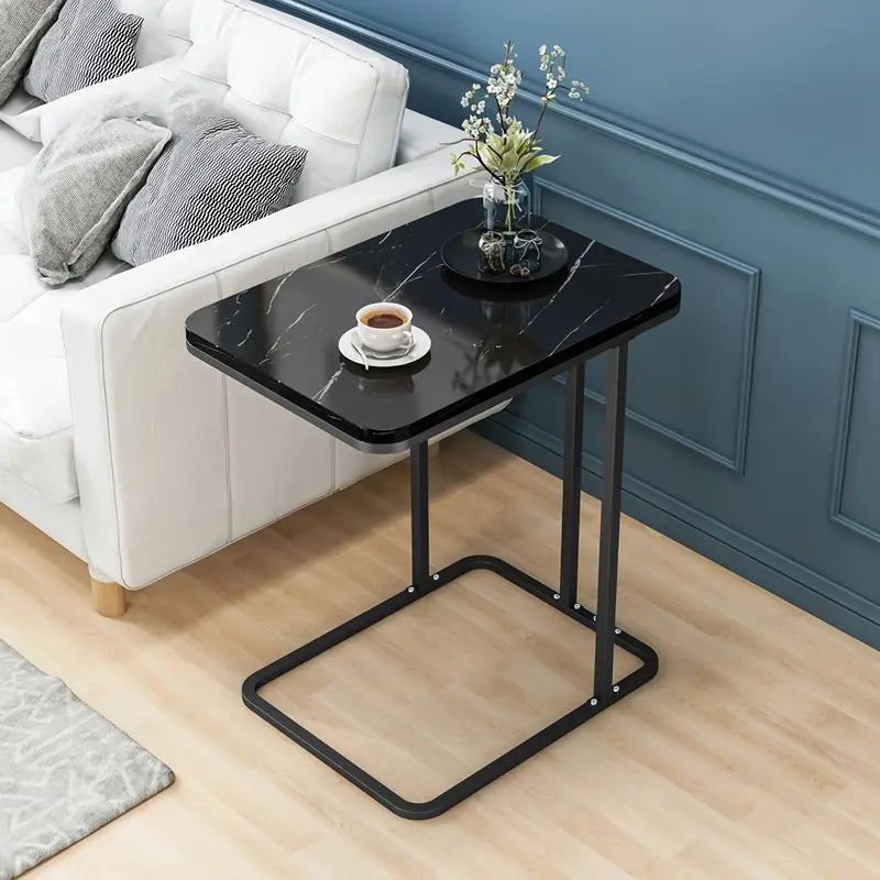 Modern Black Marble Pattern Side Table with Metal Pedestal Base
