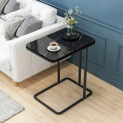 Modern Black Marble Pattern Side Table with Metal Pedestal Base