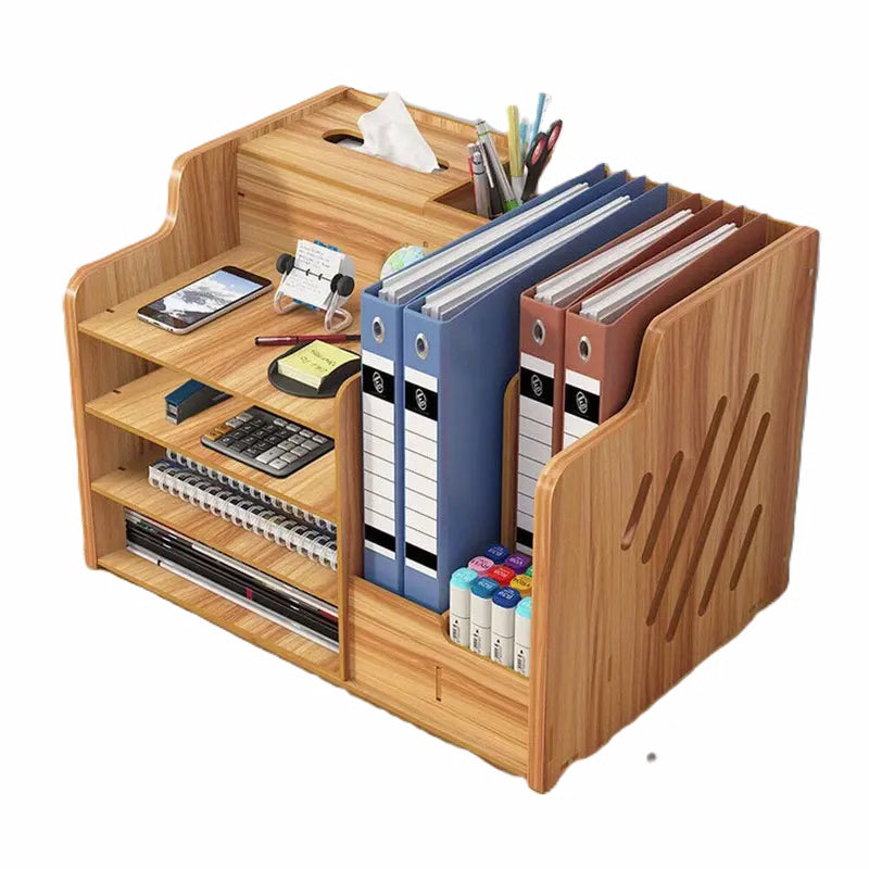 Wooden Office Document Storage Rack with Tiered Shelves - No Drawer